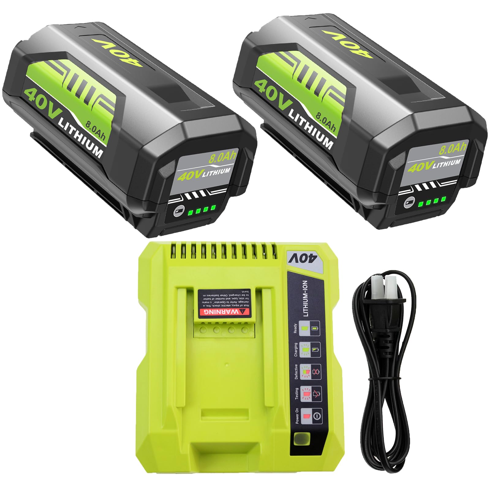 8000mAh 2 Packs OP4075A Battery and OP401 Charger Replacement for Ryobi 40V Battery and Charger Combo Kit Compatible with Ryobi 40 Volt Batteries OP40601 OP40602 OP4050 OP40501 OP4040 OP40404(Green)